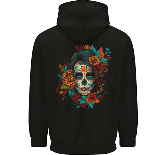 A Sugar Skull With Flowers Day of the Dead Mens Womens Kids Unisex Black Zip Up Hoodie Back Print