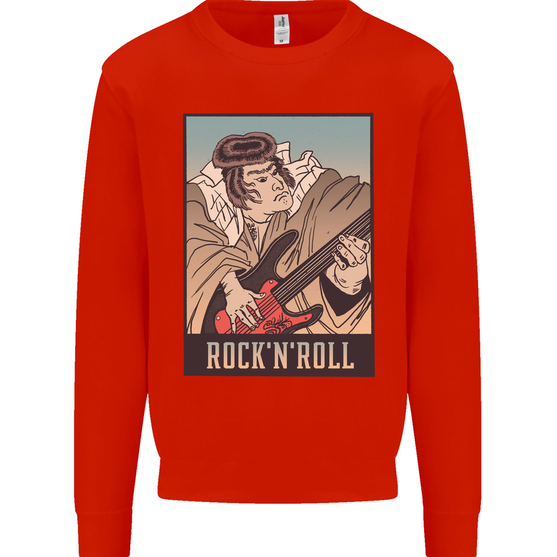 A Sumo Wrestler Playing the Electric Guitar Kids Sweatshirt Jumper Bright Red