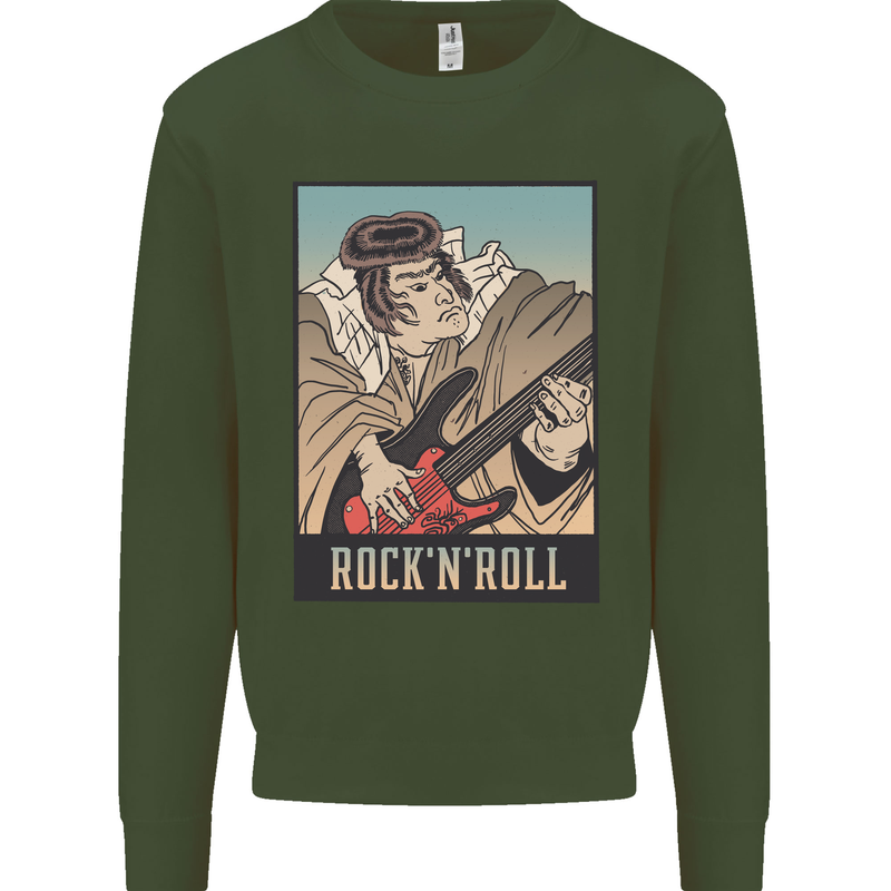 A Sumo Wrestler Playing the Electric Guitar Kids Sweatshirt Jumper Forest Green