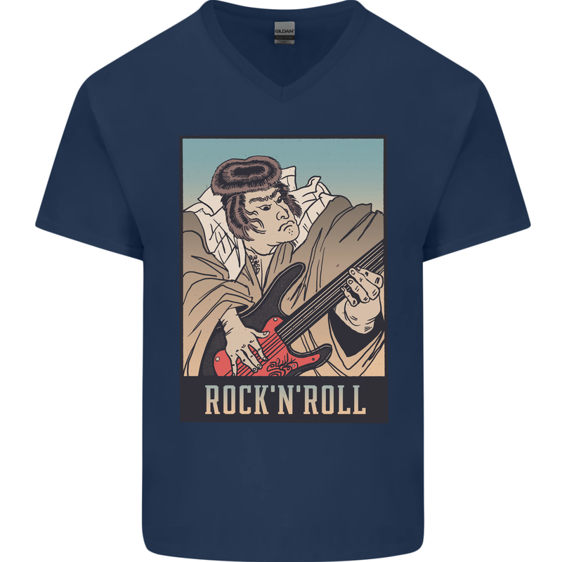 A Sumo Wrestler Playing the Electric Guitar Mens V-Neck Cotton T-Shirt Navy Blue