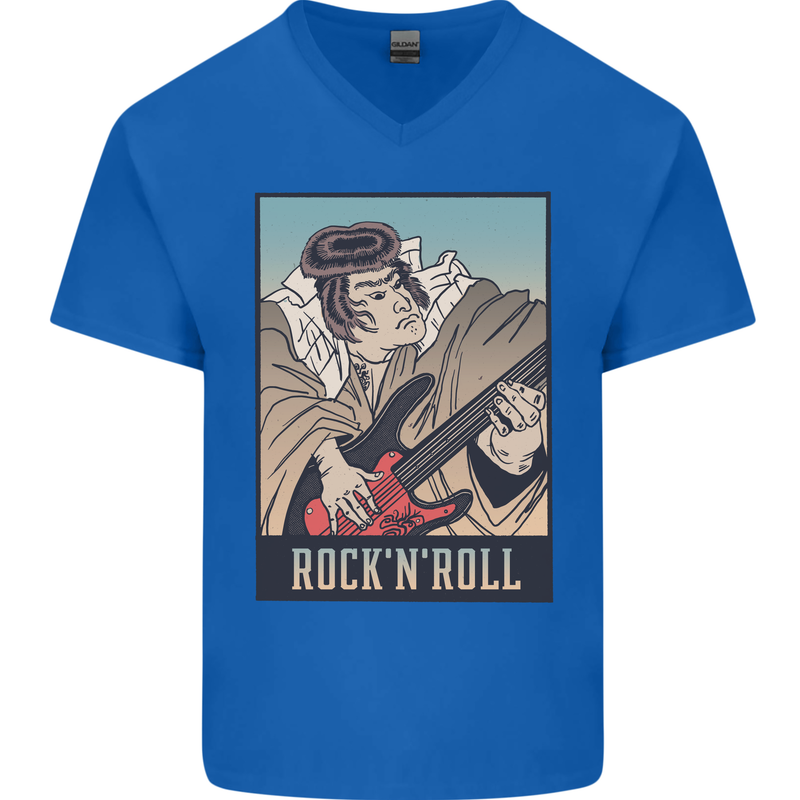 A Sumo Wrestler Playing the Electric Guitar Mens V-Neck Cotton T-Shirt Royal Blue