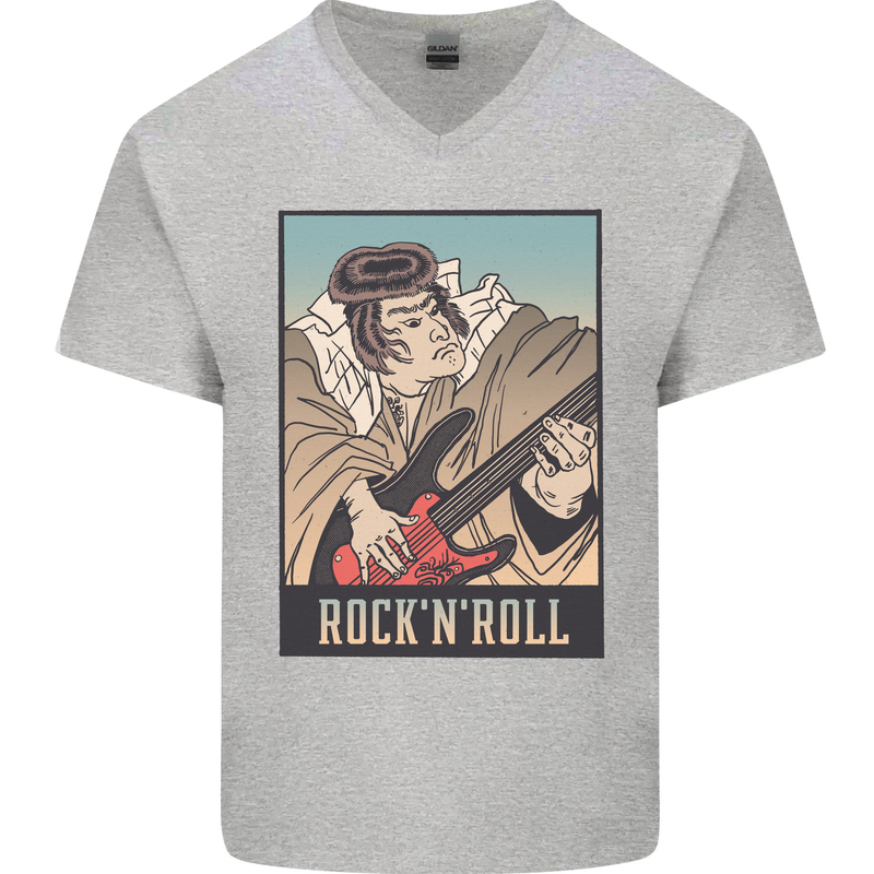 A Sumo Wrestler Playing the Electric Guitar Mens V-Neck Cotton T-Shirt Sports Grey