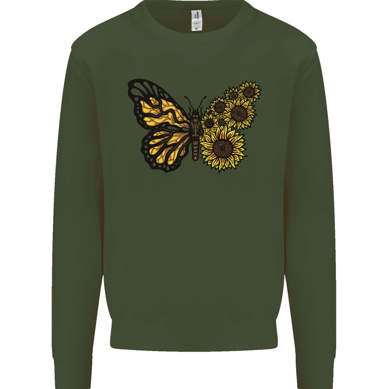 A Sunflower Butterfly Kids Sweatshirt Jumper Forest Green