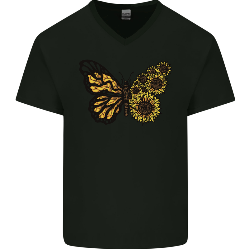 A Sunflower Butterfly Mens V-Neck Cotton T-Shirt Black