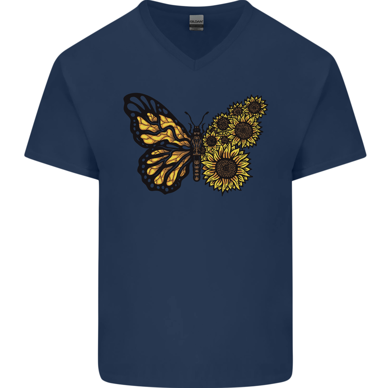 A Sunflower Butterfly Mens V-Neck Cotton T-Shirt Navy Blue