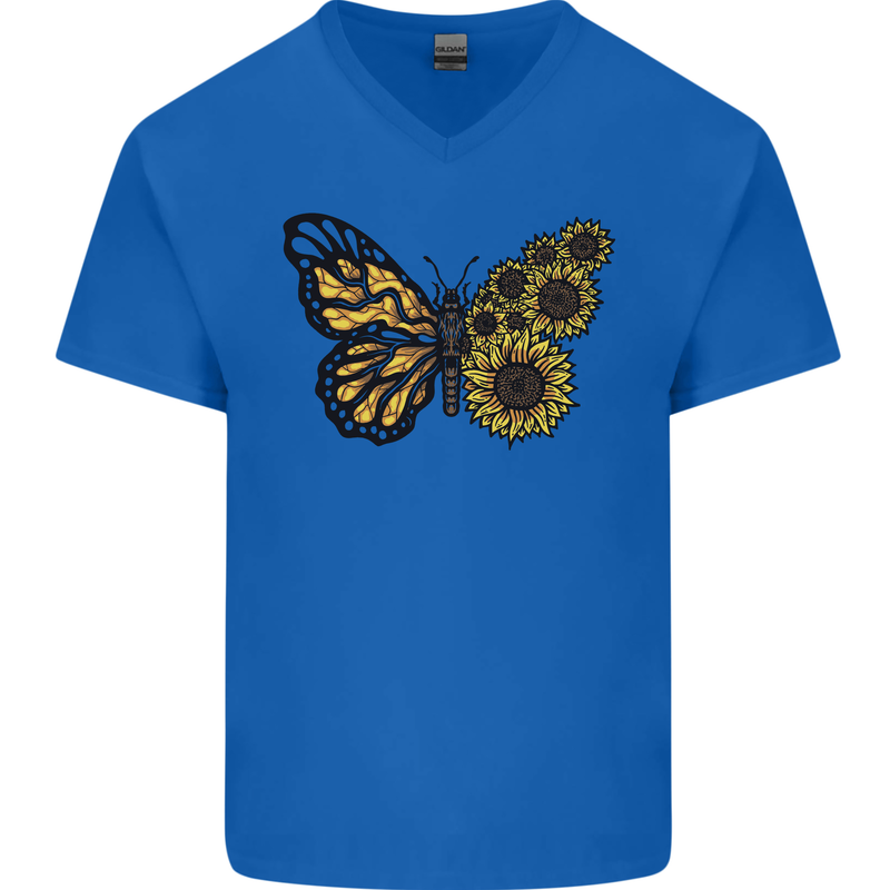 A Sunflower Butterfly Mens V-Neck Cotton T-Shirt Royal Blue