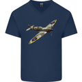 A Supermarine Spitfire Fying Solo Mens V-Neck Cotton T-Shirt Navy Blue