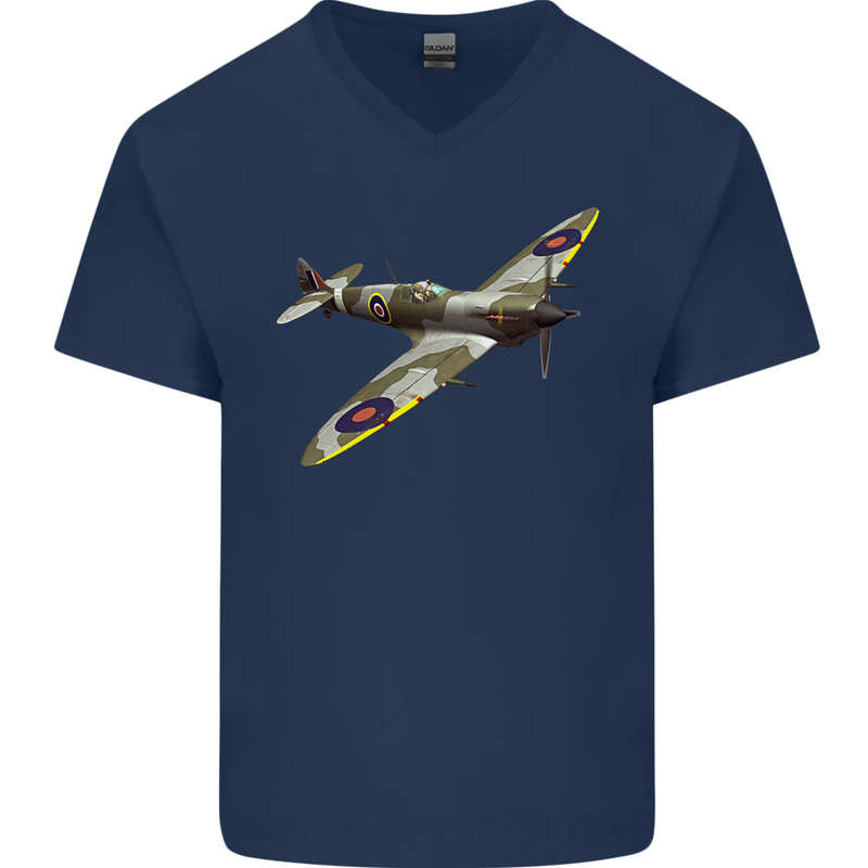 A Supermarine Spitfire Fying Solo Mens V-Neck Cotton T-Shirt Navy Blue