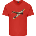 A Supermarine Spitfire Fying Solo Mens V-Neck Cotton T-Shirt Red