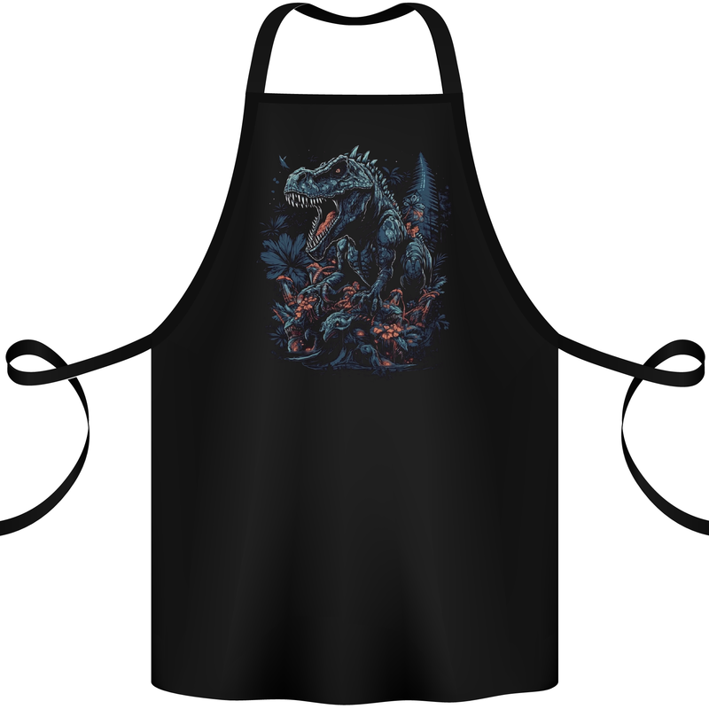 A T-Rex Dinosaur in a Prehistoric Forest Cotton Apron 100% Organic Black