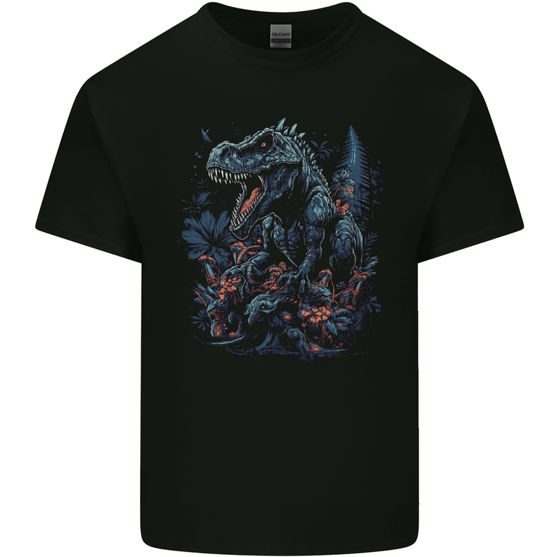 A T-Rex Dinosaur in a Prehistoric Forest Kids T-Shirt Childrens Black
