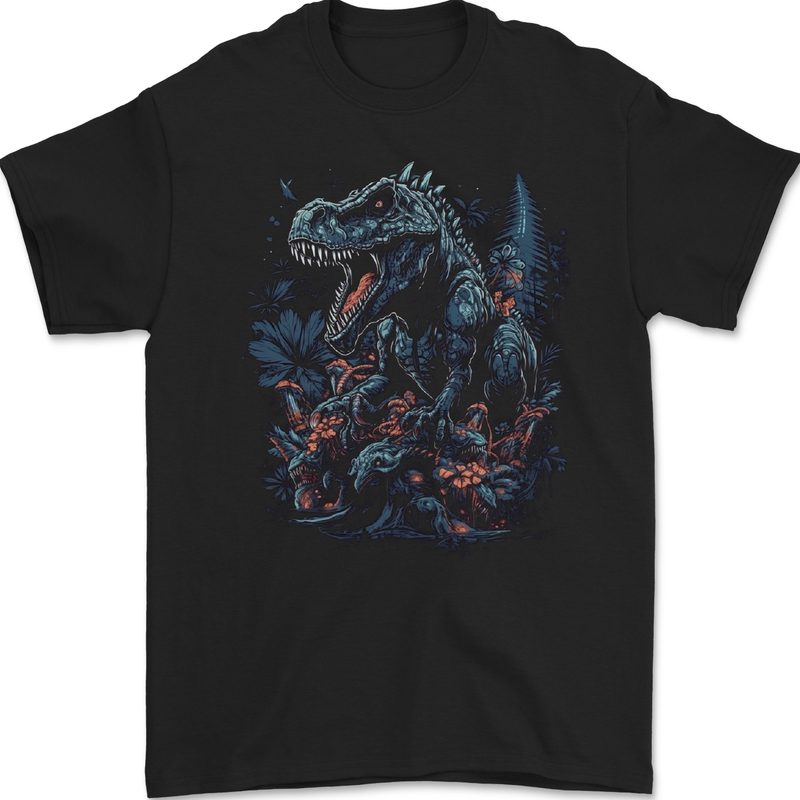 A T-Rex Dinosaur in a Prehistoric Forest Mens Gildan Cotton T-Shirt Black