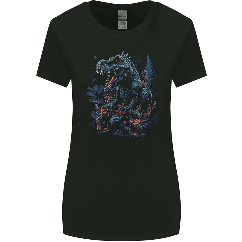 A T-Rex Dinosaur in a Prehistoric Forest Womens Wider Cut T-Shirt Black