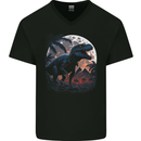 A T-Rex in Front of the Moon Dinosaurs Mens V-Neck Cotton T-Shirt Black
