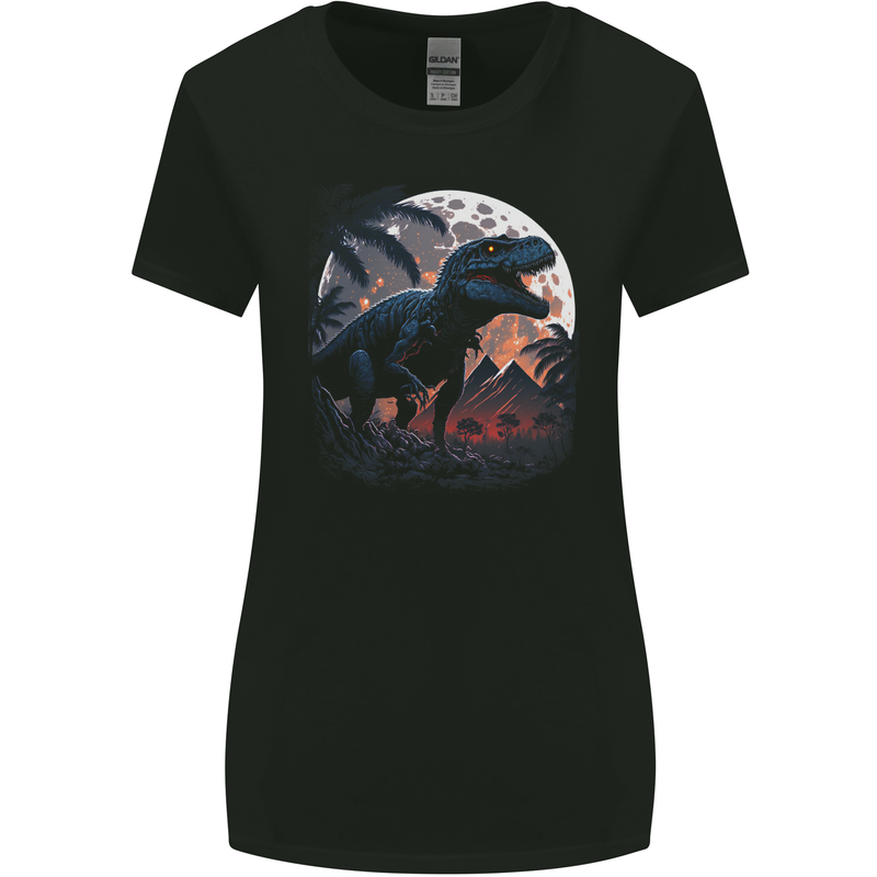 A T-Rex in Front of the Moon Dinosaurs Womens Wider Cut T-Shirt Black