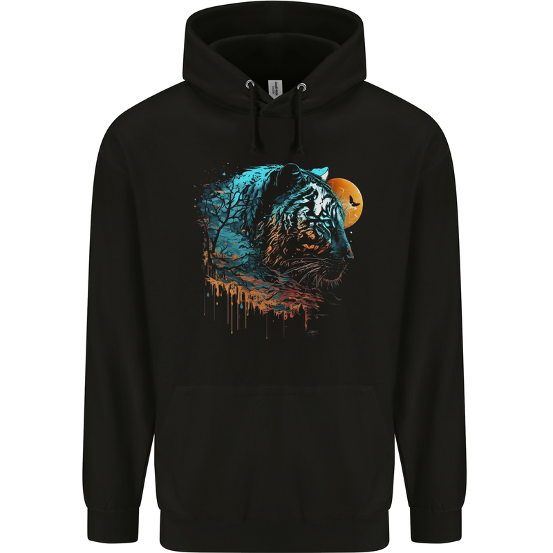 A Tiger and Moon Childrens Kids Hoodie Black