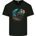 A Tiger and Moon Mens V-Neck Cotton T-Shirt Black