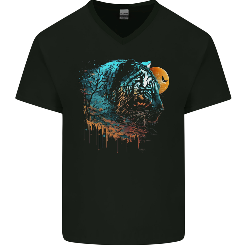 A Tiger and Moon Mens V-Neck Cotton T-Shirt Black