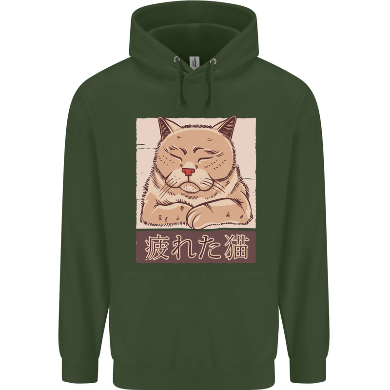 A Tired Cat Childrens Kids Hoodie Forest Green