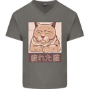 A Tired Cat Mens V-Neck Cotton T-Shirt Charcoal
