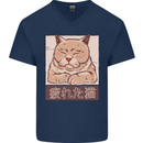 A Tired Cat Mens V-Neck Cotton T-Shirt Navy Blue