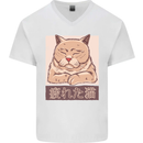 A Tired Cat Mens V-Neck Cotton T-Shirt White