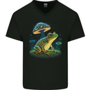 A Trippy Frog Magic Mushrooms LSD Mens V-Neck Cotton T-Shirt Black