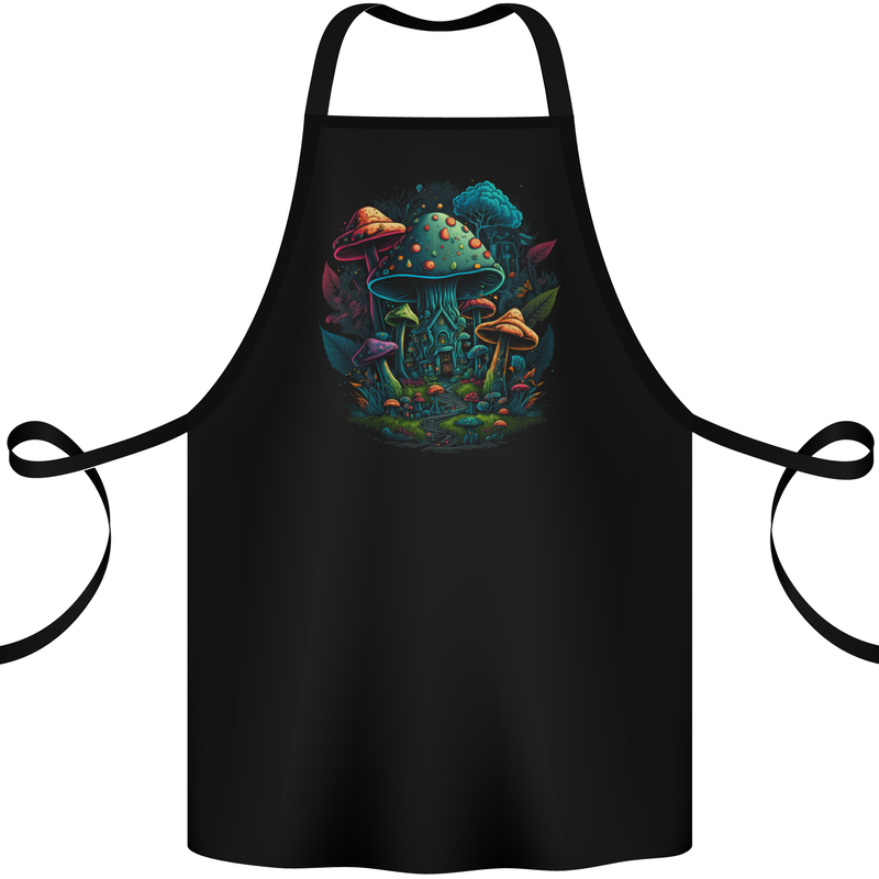 A Trippy Magic Mushroom City LSD Cotton Apron 100% Organic Black