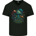 A Trippy Magic Mushroom City LSD Mens V-Neck Cotton T-Shirt Black