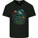 A Trippy Magic Mushroom City LSD Mens V-Neck Cotton T-Shirt Black