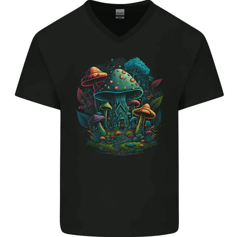 A Trippy Magic Mushroom City LSD Mens V-Neck Cotton T-Shirt Black