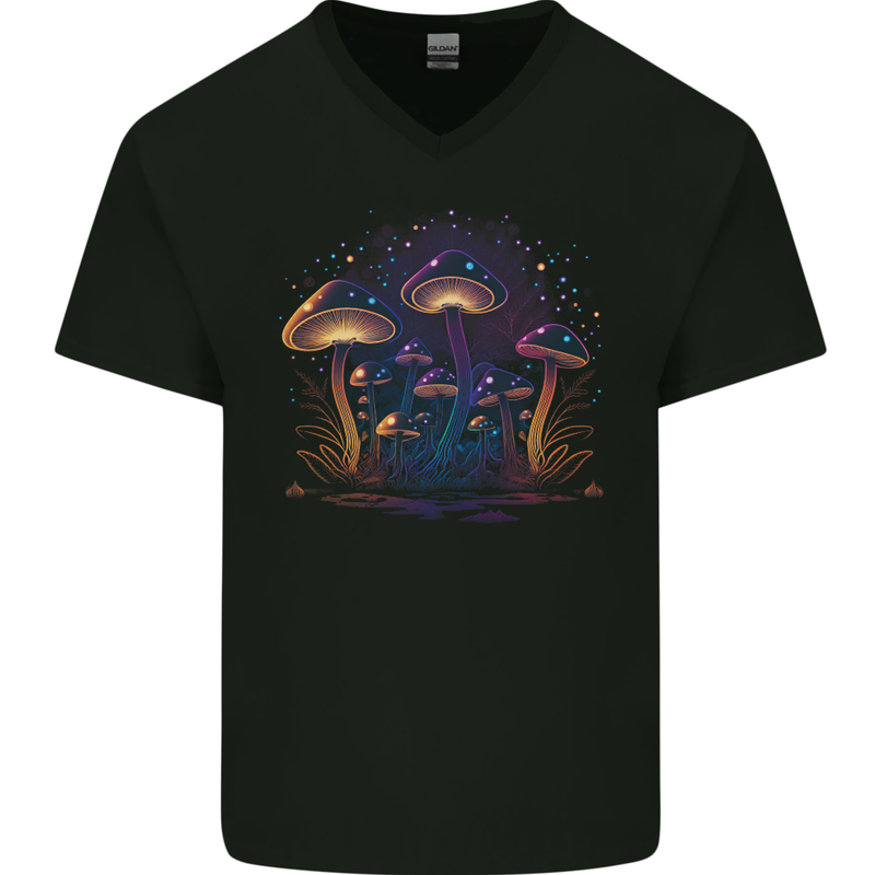 A Trippy Magic Mushroom Forest LSD Mens V-Neck Cotton T-Shirt Black