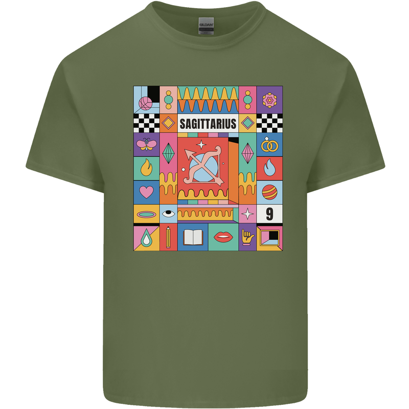 A Vibrant Sagittarius Star Sign Zodiac Mens Cotton T-Shirt Tee Top Military Green