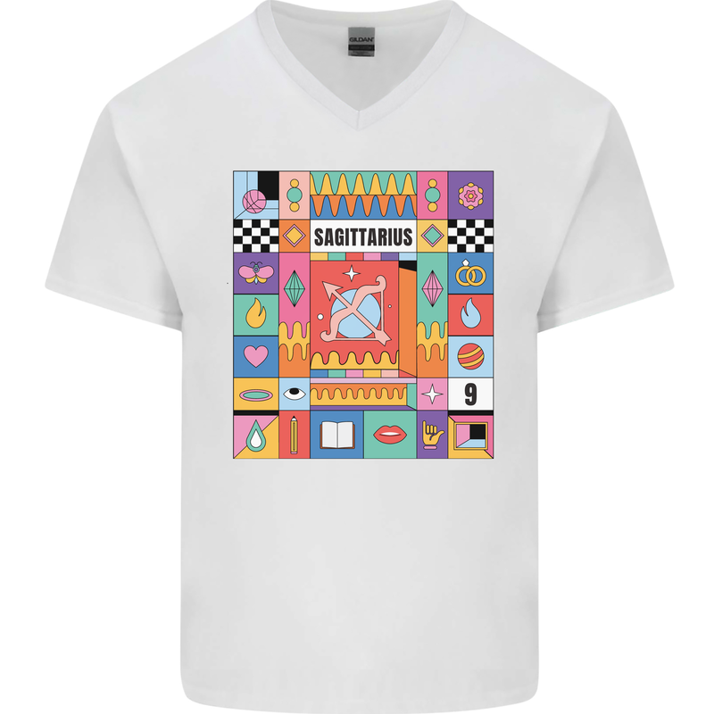 A Vibrant Sagittarius Star Sign Zodiac Mens V-Neck Cotton T-Shirt White
