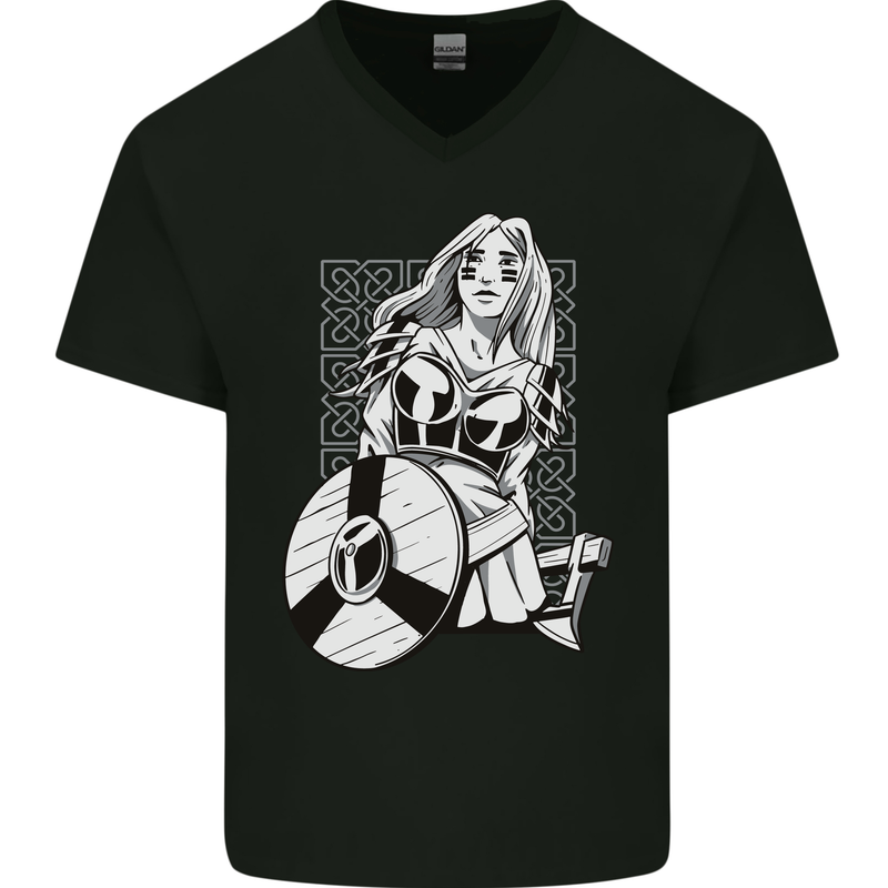 A Viking Shield Maiden Warrior Mens V-Neck Cotton T-Shirt Black
