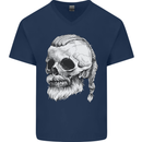 A Viking Skull Mens V-Neck Cotton T-Shirt Navy Blue