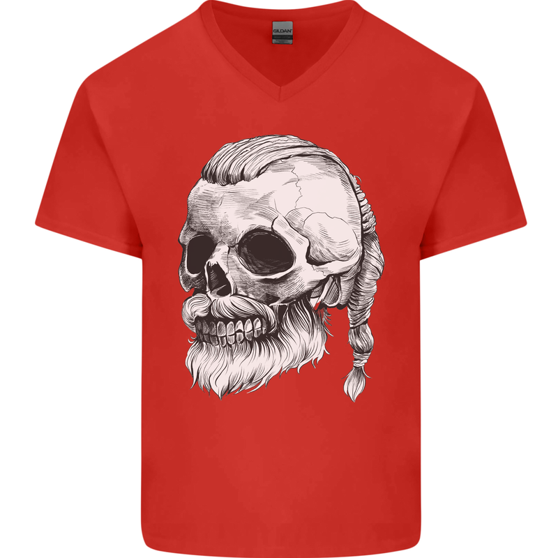 A Viking Skull Mens V-Neck Cotton T-Shirt Red