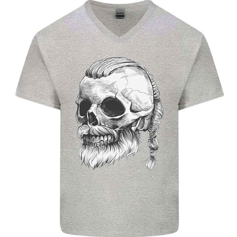A Viking Skull Mens V-Neck Cotton T-Shirt Sports Grey