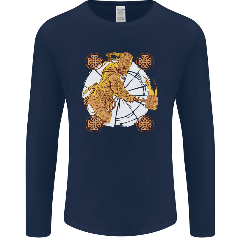 A Viking With a Hammer Thor Tribal Valhalla Mens Long Sleeve T-Shirt Navy Blue