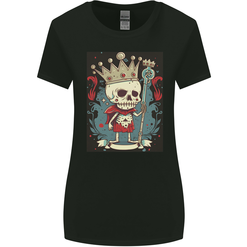 A Vintage Style Skeleton Retro King Skull Womens Wider Cut T-Shirt Black