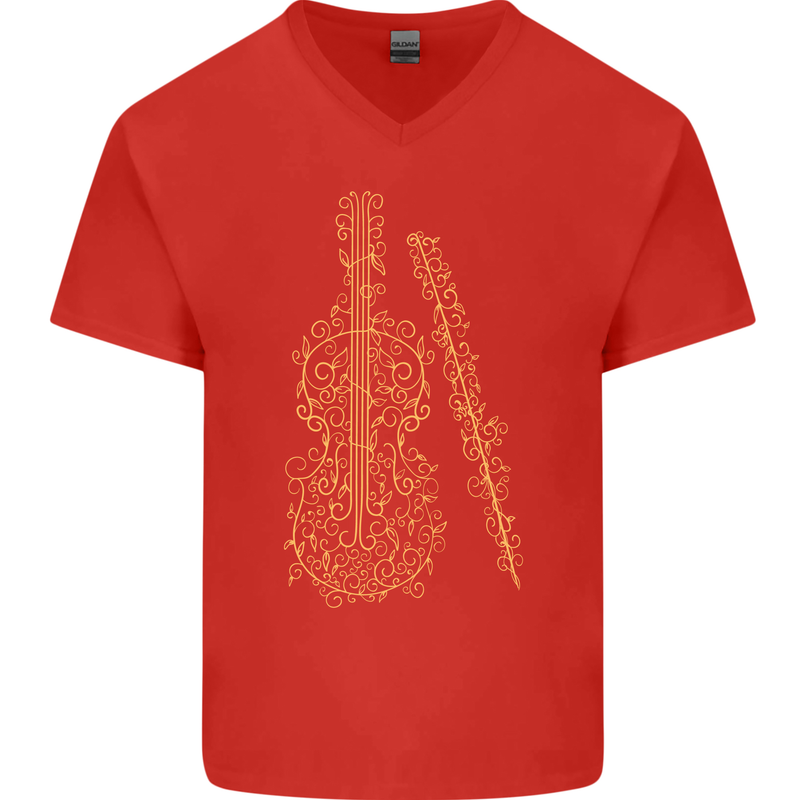 A Violin Cello Mens V-Neck Cotton T-Shirt Red
