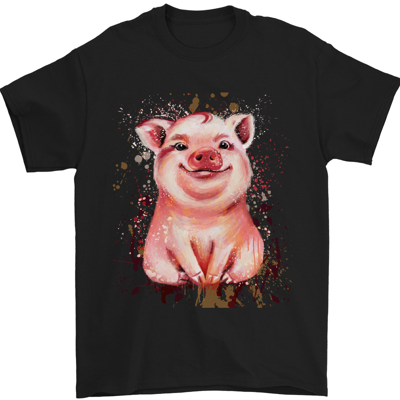 A Watercolour Pig Mens T-Shirt Cotton Gildan Black