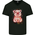 A Watercolour Pig Mens V-Neck Cotton T-Shirt Black