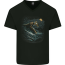 A Wild Tiger in the Moonlight Mens V-Neck Cotton T-Shirt Black