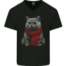 A Winter Cat in a Scarf Mens V-Neck Cotton T-Shirt Black