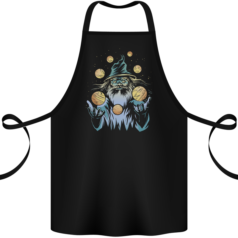 A Wizard Juggling Planets Space Fantasy Cotton Apron 100% Organic Black