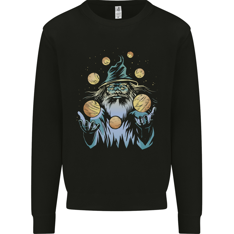 A Wizard Juggling Planets Space Fantasy Kids Sweatshirt Jumper Black