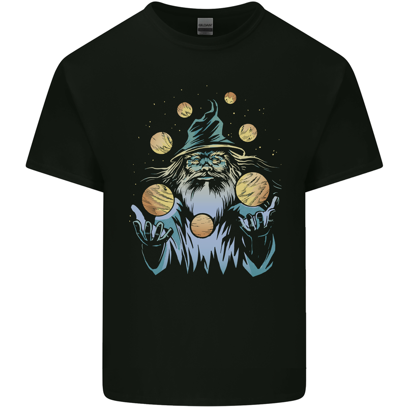 A Wizard Juggling Planets Space Fantasy Mens Cotton T-Shirt Tee Top Black