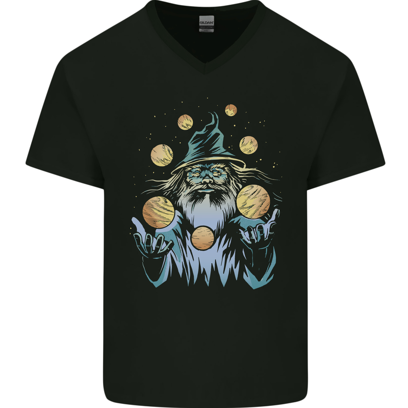 A Wizard Juggling Planets Space Fantasy Mens V-Neck Cotton T-Shirt Black