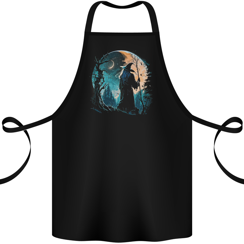 A Wizard Looking at a Fantasy Moon Warlock Cotton Apron 100% Organic Black